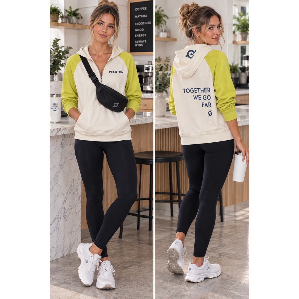 Peloton Colorblock Half Zip Hoodie Ivory Yellow Logo Sweatshirt Medium